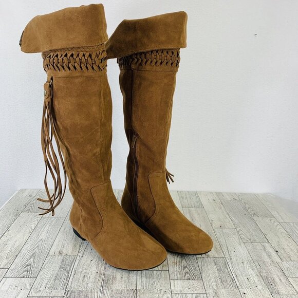 Mudd Womens Reto Tall Boots Size 6.5 Cognac Brown Hippie Bohemian Fringe Tassel - Picture 3 of 14